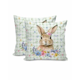 Easter Pillow Covers 18x18 Inch Set of 2 Floral Bunny Throw Pillow Cover Decorative Pillowcase Spring Flower Green Buffalo Plaid Pillow Cases for Couch Sofa Bedroom Chair Party Square Cushion Covers