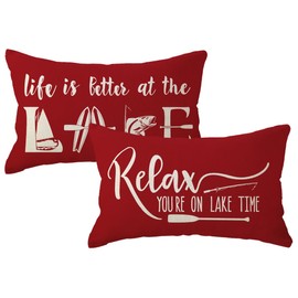 ULOVE LOVE YOURSELF Lake House Decor Throw Pillow Covers Life is Better at The Lake Signs Fishing Boating Theme Pillowcases Lake Life Decorative Lumbar Cushion Cover 12×20 Inch,2Pack (Red)