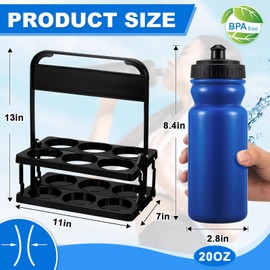 Suclain 7 Pcs Water Bottle Carrier with 20 Oz Bottles and Stickers Plastic Wide Mouth Sports Water Bottle Squeeze Team Bottles with Black Lid for Fitness Bike Gym (Dark Blue)