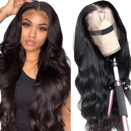 Real Hair Wig, 13 x 4 Body Wave Lace Frontal Wig, Human Hair (24 Inch) Wig, Women's Brazilian Curly Human Hair Wig, 150% Density, Glueless Wig, Natural Colour