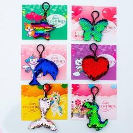 24 PC Valentine Keychain, Class Valentines, Classroom Valentines, Valentines Kids Class, Sequin Valentines Cards & Gift Bags, Valentines for Class - Style 1: set 2
