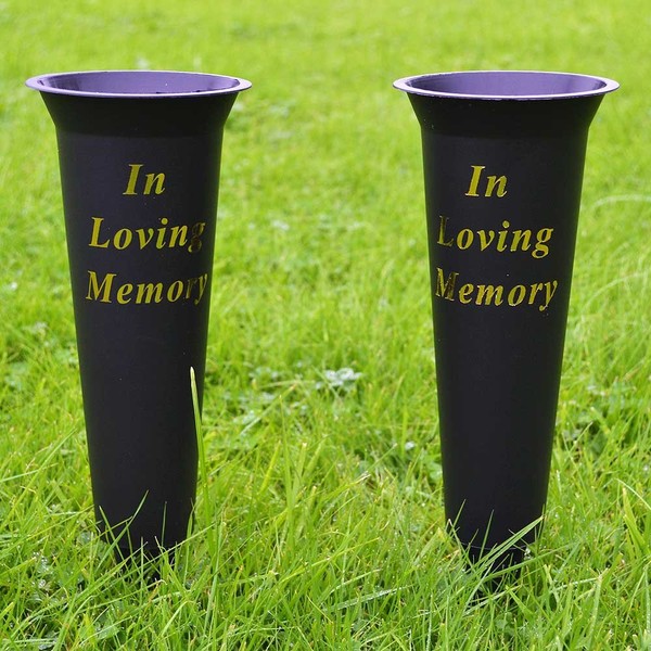 Set of 2 Black In Loving Memory Spiked Memorial Grave Flower Vases