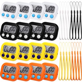 Flutesan 16 Pcs Small Digital Kitchen Timers Classroom Timers for Students Magnetic Back and on Switch Minute Second Count up Countdown with Matching Ropes(Black, White, Yellow, Orange)