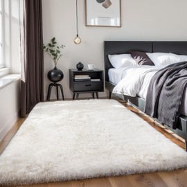KICHOWUA Thick Area Rug 4x6 Cream White Fluffy Shag for Bedroom, Soft Washable Fuzzy Shaggy Non-Slip Plush Carpet for Living Room, Modern Furry Rugs for Kids Nursery Baby Boys Girls Dorm, Ivory