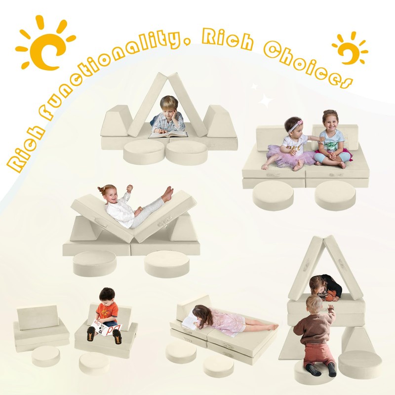 MeMoreCool Modular Kids Play Couch – 8-Piece Beige Foam Sofa