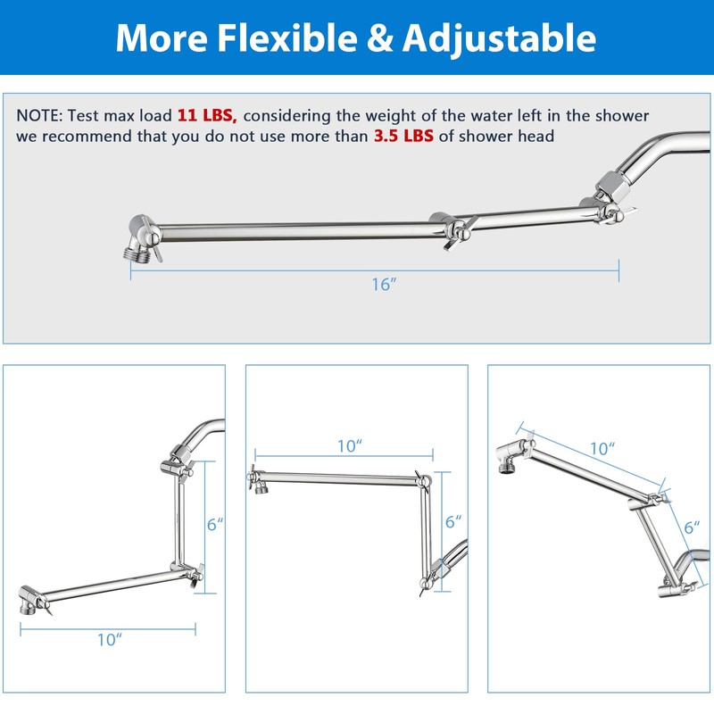PDPBath Brass 16 Inch Shower Head Extension Arm, Upgrade Flexible
