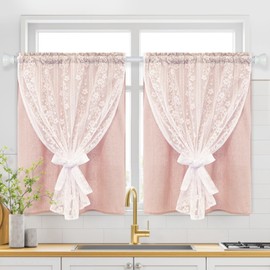 ASPMIZ Linen Pink Kitchen Tier Curtains 36 Inch Length, Double Layered Kitchen Curtain with Linen and Lace, Rod Pocket Window Curtains with Tiebacks, Boho Window Treatments for Bathroom Cafe, 2 Panel
