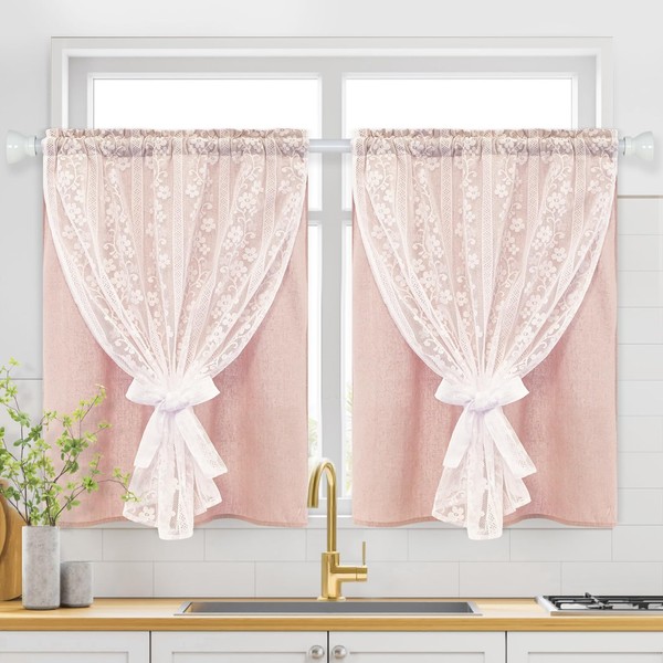 ASPMIZ Linen Pink Kitchen Tier Curtains 36 Inch Length, Double