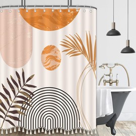 GiuMsi Boho Mid Century Leaf Shower Curtain Set,Arch Sun Design,Minimalistic Leaves Pattern,Waterproof and Luxurious Fabric-12 Hooks(Orange-60" x 72")