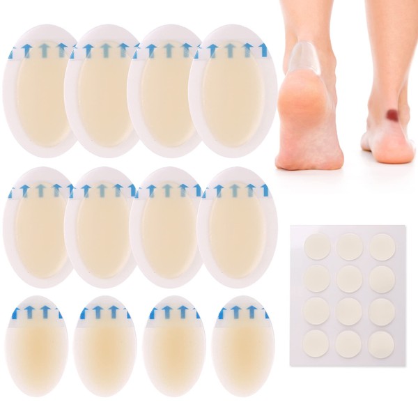 LotFancy Hydrocolloid Bandages, 12 Blister Pads + 12 Hydrocolloid Acne Patches, Blister Prevention for Heels, Waterproof Blister Tape Cushions for Feet, Hydrogel Wound Dressing