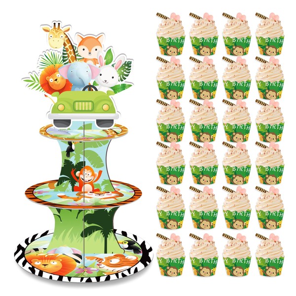 Jungle Animals Cupcake Stand with 20Pcs Cupcake Topper and Wrappers,3