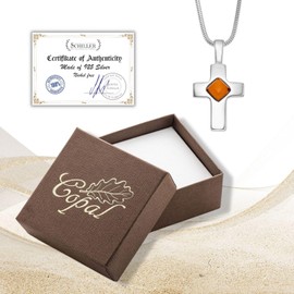 Copal] Honey Colour Baltic Amber Necklace, Sterling Silver Cross Pendant With Jewellery Box, Gift Idea