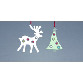 Two Reindeer Shaped White Tree Hangers With Pale Multi-Coloured Bells - Christmas Decoration