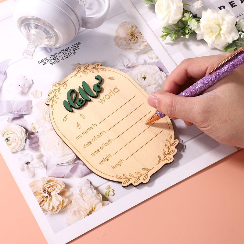 Hello World Newborn Announcement Sign, 5.9x4.1in Wooden Birth Baby Name