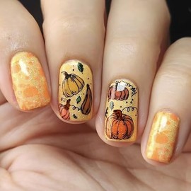 24Pcs Pumpkin Press on Nails Short Square Fake Nails Autumn False Nails Yellow Glitter Melon Design Glossy Glue on Nails Full Cover Acrylic Stick on Nail for Women Decor Holiday Manicure