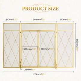 POWLAB Double Door Fireplace Screen 50 x 32Inch Large 3 Panel Foldable Wrought Iron Free Standing Fireplace Screen Rustic Modern Mesh Furnace Fireguards Outdoor Iron Protector Fireplace Cover-Gold