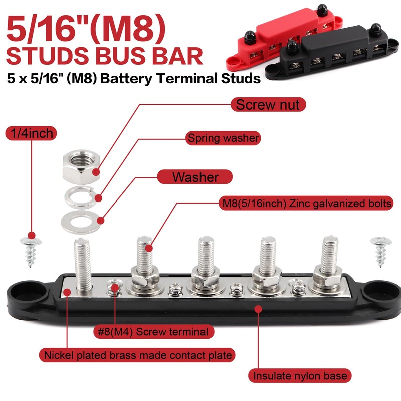 Tuijodaix 300A Bus Bar 5 Post 12V-48V DC Power Distribution