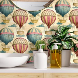 Livelynine 17.5x276" Retro Peel and Stick Wallpaper Red Yellow Blue Clouds Sky Colorful Contact Paper Removable Prepasted Wall Paper for Bedroom Nursery Kids Room Boys Girls Ceiling Classroom Balloons