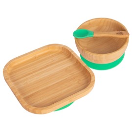 Tiny Dining Baby Dinner Set - Square - Green - 3pc - Divided Non-Slip Bamboo Self-Feeding Baby Weaning Plate, Bowl & Spoon for Babies, Toddlers, Children