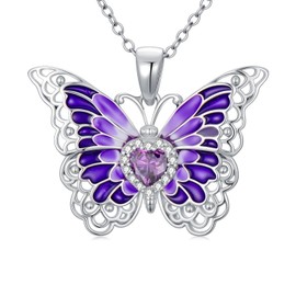 OUTANG Butterfly Pendant Necklace with Synthetic Birthstone Butterfly Jewelry Gift for Women (February(Amethyst))