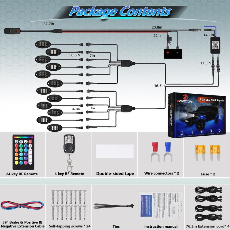 ZONECONA 12Pods RGB LED Rock Lights Kit with APP/RF Remote
