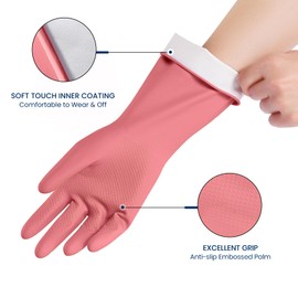 Rubber Cleaning Gloves for Dishwashing, 4 Pairs Reusable Kitchen Gloves for Washing Dishes and Household Cleaning, Pink Dish Gloves with Flocked Lining and Non-Slip Grip, Pefect for Woman Men - L
