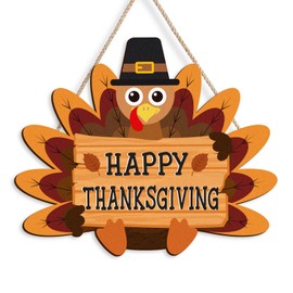 Pigort Happy Thanksgiving Wooden Sign Thanksgiving Turkey Door Decorations with Turkey Holds Farmhouse Wood Door Hanger for Autumn Harvest Holiday Home Office Window 8x12inch
