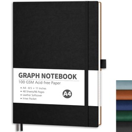 RETTACY Graph Grid Paper Notebook, 96 Pages, A4 Large Size (8.5'' x 11''), 5 Squares per Inch, Leather Softcover, 100 GSM Thick Paper, for School, Students, Math, Engineering (Black)