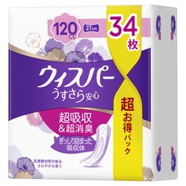 Whisper 120cc, 10.6 fl oz (27 cm), 34 Pieces, Large Capacity (For Women, Water Absorption Care, Urinary Leaking Pad)