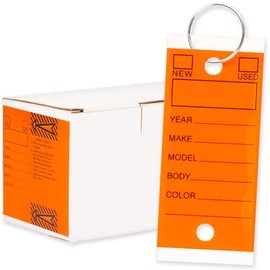 Genuine Self Laminating Key Tags - Orange | Writable Waterproof Labels for Easy Identification - Pack of 250 with 250 Rings | Durable Bulk Car Dealership Supplies Key Tags Self Protecting