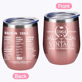 60th Birthday Gifts for Women Friends, 12 Oz Insulated Stainless Steel Wine Tumbler with Lid, Double Side Printed Birthday Thermos cup, Back in 1964 Old Time Information, Best Birthday Gifts