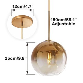 H XD GLOBAL Gradient Color Glass Pendant Light,Modern Glass Hanging Light Chandelier Light (Gold, 25cm)