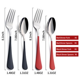 Onlycooker 24 piece Black and Red Forks and Spoons Silverware Set,Black and Red Handle Silverware Forks and Spoons 18/0 Stainless Steel Flatware Forksand Spoons Dessert Forks and Table Spoon Set of 24