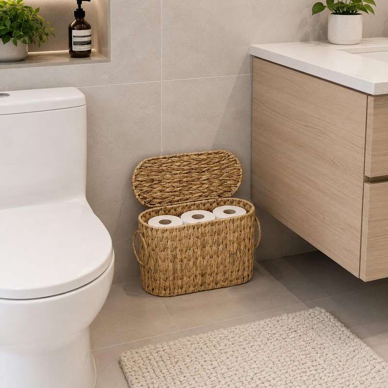 Toilet Paper Storage Basket with Lid, Narrow Bathroom Organizer for