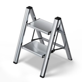 HillhutApex 2 Step Stool, Aluminum Foldable Step Ladder, Lightweight Stable Stool with Wide Non-Slip Pedals, 330lbs Bearing Capacity Ladder for Office,Home,Kitchen - Silver