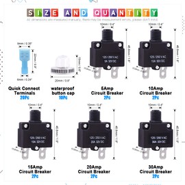 Glarks 30Pcs 5A 10A 15A 20A 30A Circuit Breakers Thermal Overload Protector Switch with Manual Reset 32VDC, AC125-250V With Quick Connect Female Spade Terminal and Waterproof Button Caps