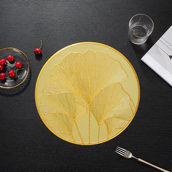 Hosoncovy Ginkgo Biloba Decorative Placemats, Round Placemats, PU Leather Placemats, Hollow Table Placemats, Heat Resistant, Non-Slip Dining Placemats, Leaf Place Mats for Living Room, Kitchen, Pack