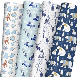 RiukRaiu Blue Christmas Wrapping Paper for Kids Adults - Winter Forest & Reindeer, Polar Bears, Country Houses, Holiday Cookies Designs - Xmas Gift Wrap with 6 Jumbo Sheets, 40 x 28 Inches Each