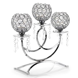 OwnMy 3 Arms Crystal Candle Holders Bowls Tealight Candelabras Candlestick Candle Stand Ornaments for Wedding Dining Table Christmas Party Home Decoration Centerpiece, Silver Tone