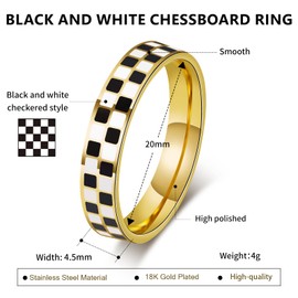 AmorArtSky Checkered Wedding Bands for Couples,18K Gold Plated Stainless Steel Statement rings,4.5mm Black White Geometric Matching Rings for Women