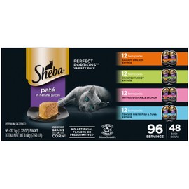 Sheba Perfect Portions Paté Wet Cat Food Variety Pack, Savory Chicken Entrée, Roasted Turkey Entrée, With Sustainable Salmon, and Tender White Fish & Tuna Entrée, 2.6 oz. Trays (48 Count, 96 Servings)