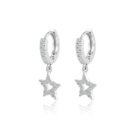 Desnuage Silver CZ Hollow Star Huggie Hoop Earrings for Women Dainty Celestial Lightweight Huggie Hoop Earrings Small Star Dangle Drop Earrings for Everyday Prom