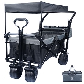 Foldable Wagon with Removable Canopy & Cooler Bag - Heavy Duty Collapsible Wagon Utility Cart with 4" All-Terrain Wheels for Camping, Beach, Garden