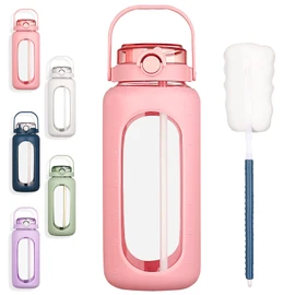 BLUEGO 64oz Glass Water Bottles with Straw Time Marker Half Gallon Large Motivational Water Bottle with Silicone Sleeve 2 Liter Large Glass Water Jug for Gym, Sports& Workout, Daily, Pink