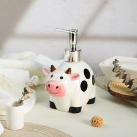 Bicuzat - Dispensador de jabón de cerámica con forma de vaca de dibujos animados con bomba de plástico, botella de jabón de loción corporal líquida, dispensador de jabón de manos para baño y cocina