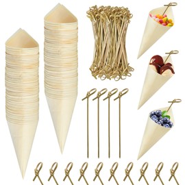 Aemygo 100 Pieces Food Cones Wood Tasting Cones with 100 Pieces Bamboo Cocktail Picks, Disposable Wood Cones Appetizer Finger Foods Ice Cream Holder for Food and Home Parties Catered Events Buffets