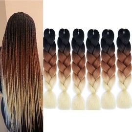 blonde braiding hair Extensions for Women Kanekalon Braiding Hair Ombre Jumbo Braiding Hair Extensions Synthetic Braiding Hair for Twist Crochet Braids (6 Packs Black-Brown-Blonde）