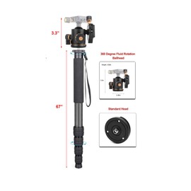 Professiona Heavy-Duty Carbon Fiber 70" Monopod/Unipod (Dual Optional Head) for Sigma Wide Angle 24mm f/1.8 EX Aspherical DG DF Macro
