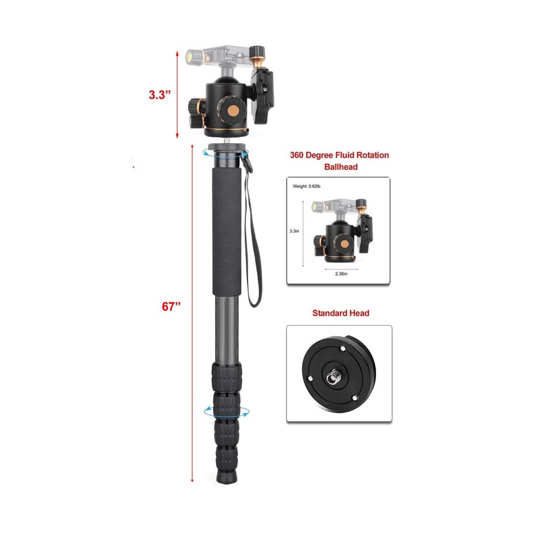 Professiona Heavy-Duty Carbon Fiber 70" Monopod/Unipod (Dual Optional Head) for