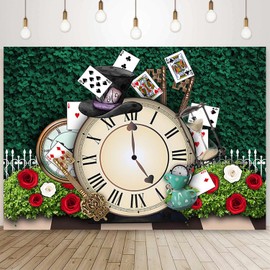 Sensfun Fabric Wonderland Tea Party Backdrop Green Leaves Magic Hat Pocket Watch Photography Background Fairy Tale Little Princess Girls Birthday Baby Shower Decorations Banner Photoshoot Props 7x5ft
